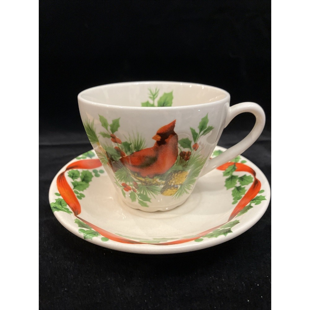 Lily Creek Winter Garden Red Cardinal Teacup Saucer Christmas Holiday Set VTG